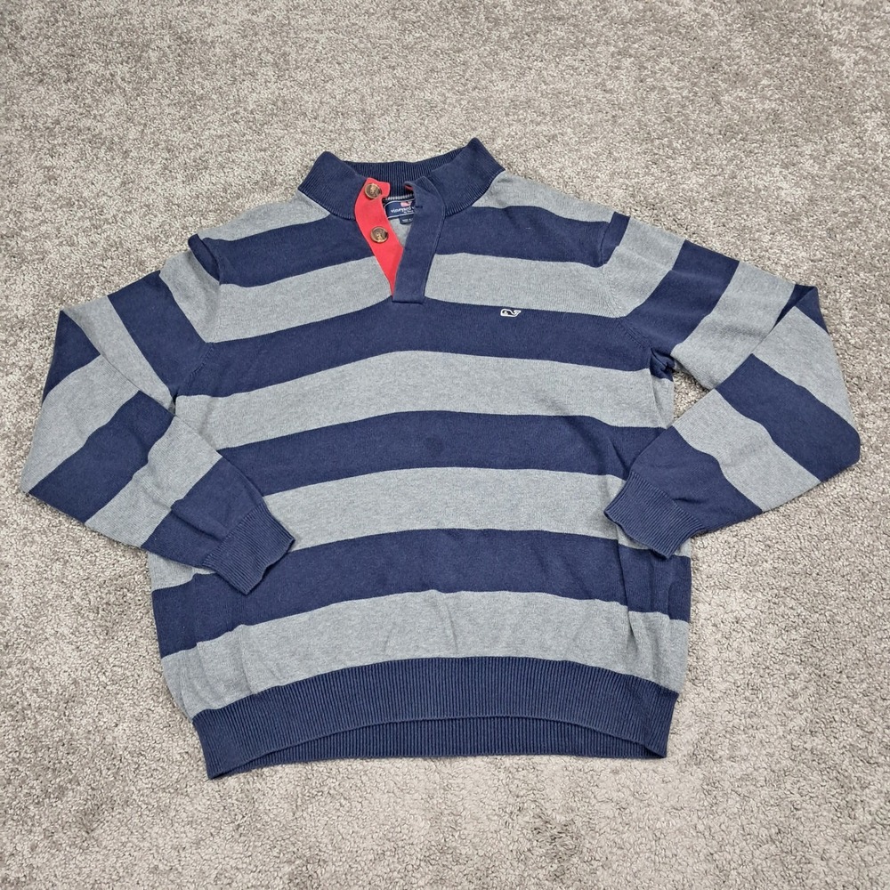 Vineyard Vines Mens Striped Quarter Button Cotton Sweater Blue Grey Large